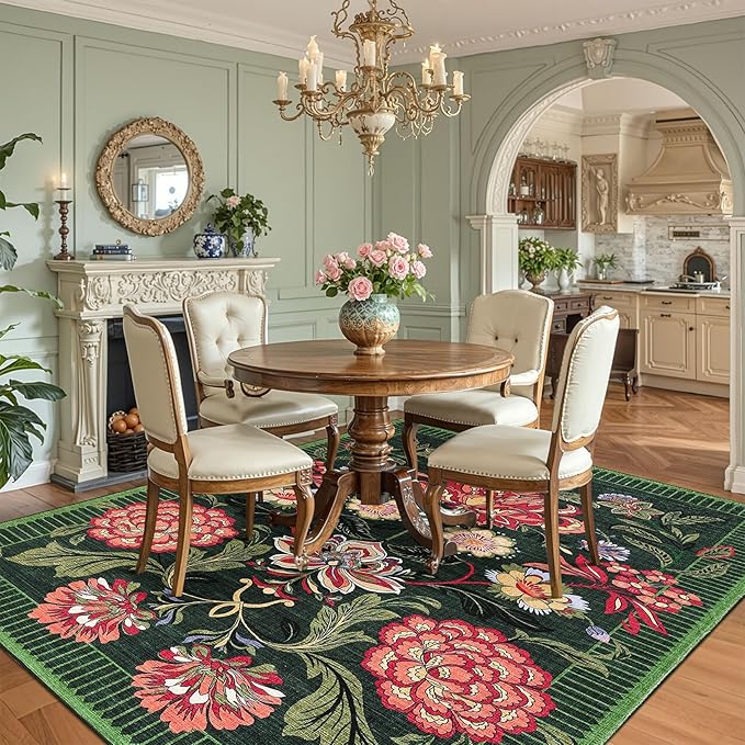 GarveeHome Forest Green Floral Botanical Washable 8x10 Rug for Living Room Soft Vintage Boho Cottage Large Rugs Low-Pile Carpet for Bedroom Dining Nursery Rug