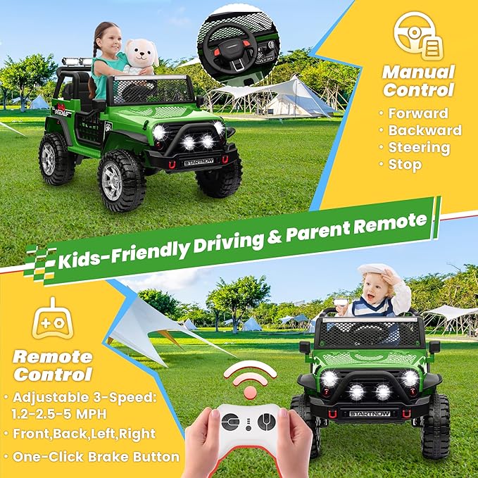 24V 4WD Ride on Truck Car w/800W Motors, Gift Flower, Remote Control, 2 Seaters, Light Bar, 3 Speeds, Pop Music, Power Four Wheels, 24 Volt Ride on Toy Car for Big Kids, Green
