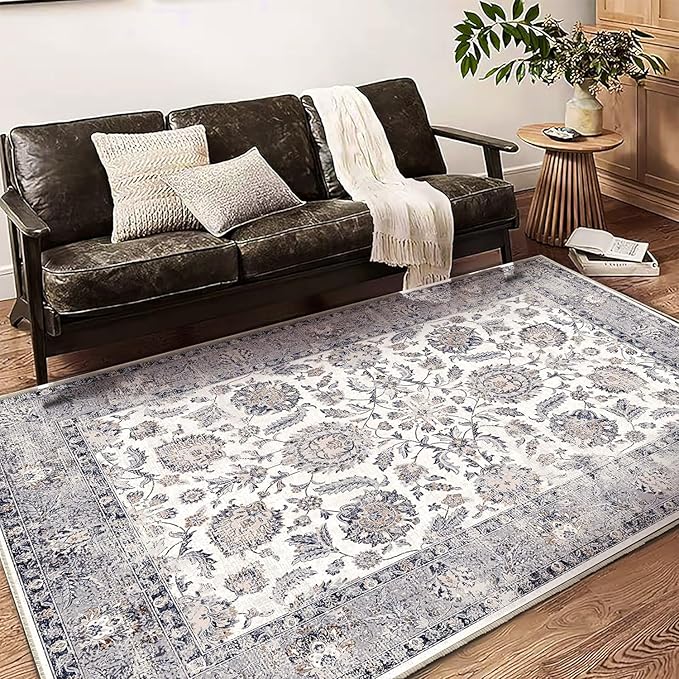 6x9 Washable Area Rug Boho Chic Medallion Distressed Design Non-Shedding Easy Care Ideal for High Traffic Areas in Living Room Bedroom Office Kitchen Coffee Table Large Carpet