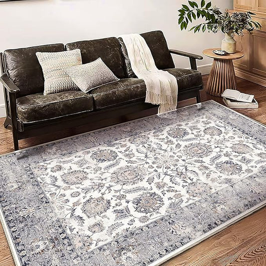 6x9 Washable Area Rug Boho Chic Medallion Distressed Design Non-Shedding Easy Care Ideal for High Traffic Areas in Living Room Bedroom Office Kitchen Coffee Table Large Carpet