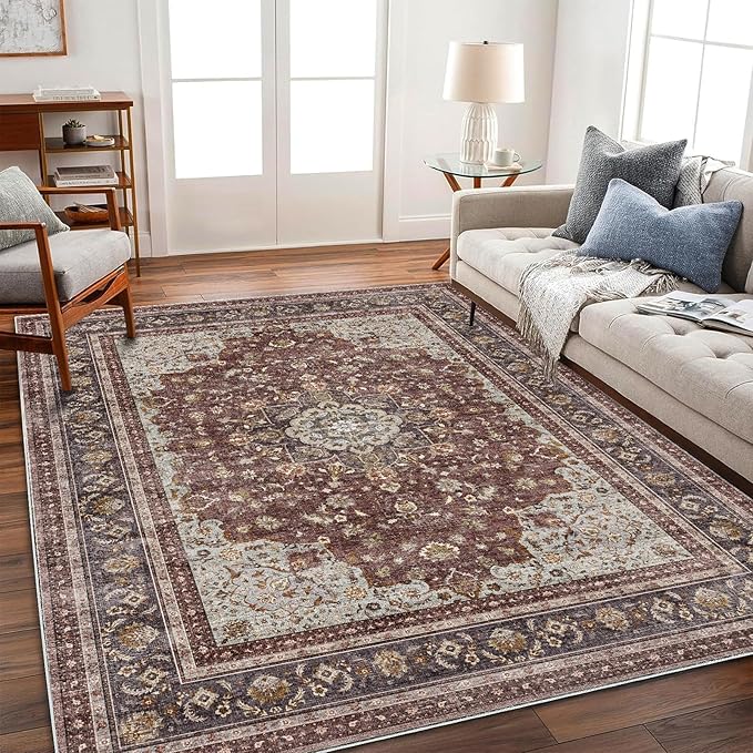 Area Rug 5'x7' Washable Rug Traditional Floor Cover Thin Retro Kitchen Indoor Distressed Non Slip Carpet for Living Room Bedroom Dining Room