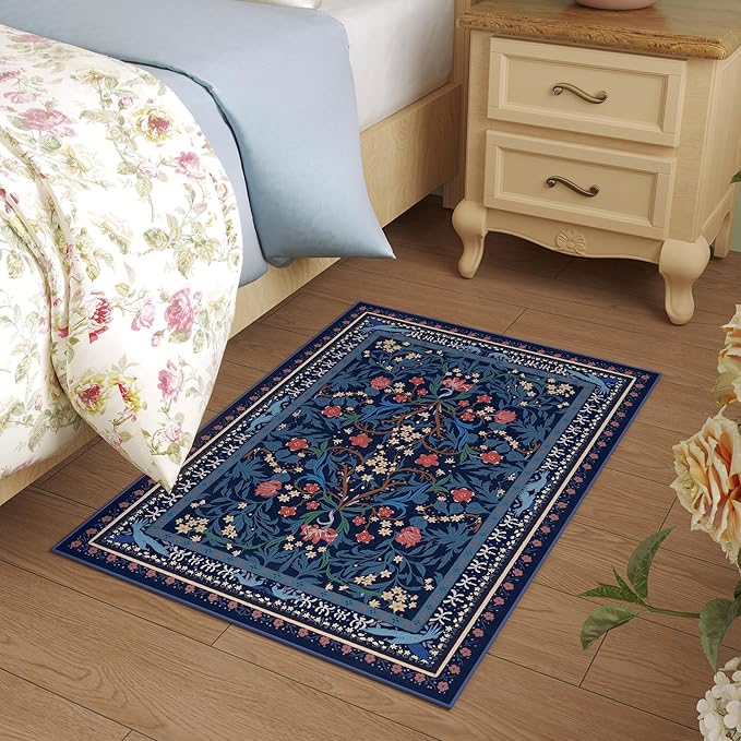Door Mat Indoor Entrance 2x3 Rug Machine Washable Vintage Floral Botanical Small Area Rug Non-Slip Low Pile Throw Rugs for Entryway, Kitchen, Front Door Entrance, Entry, Kids Room, Blue