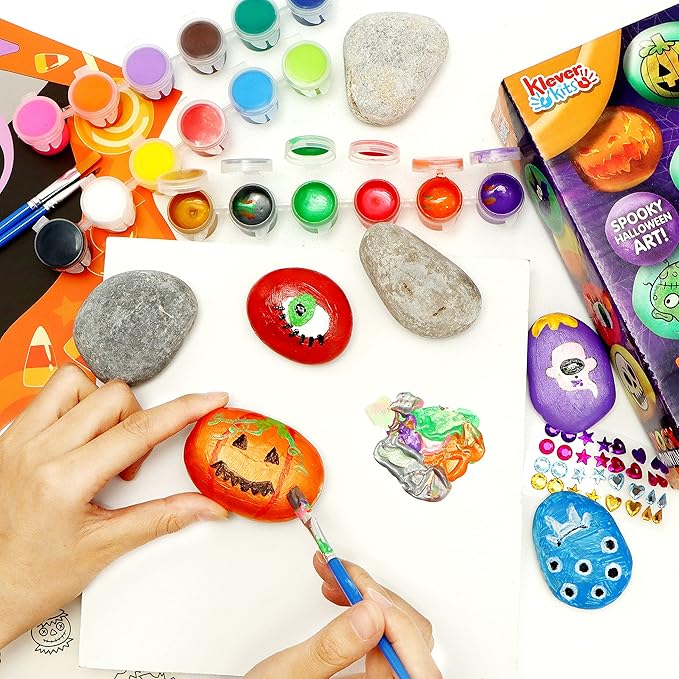 Klever Kits 12 Halloween Rock Painting Kit for Kids, Creativity Arts Crafts DIY Supplies Kit with 18 Paint Tubs, Decorate Your Own for Kids Painting Gifts, Family Activity, Birthday Present, Halloween