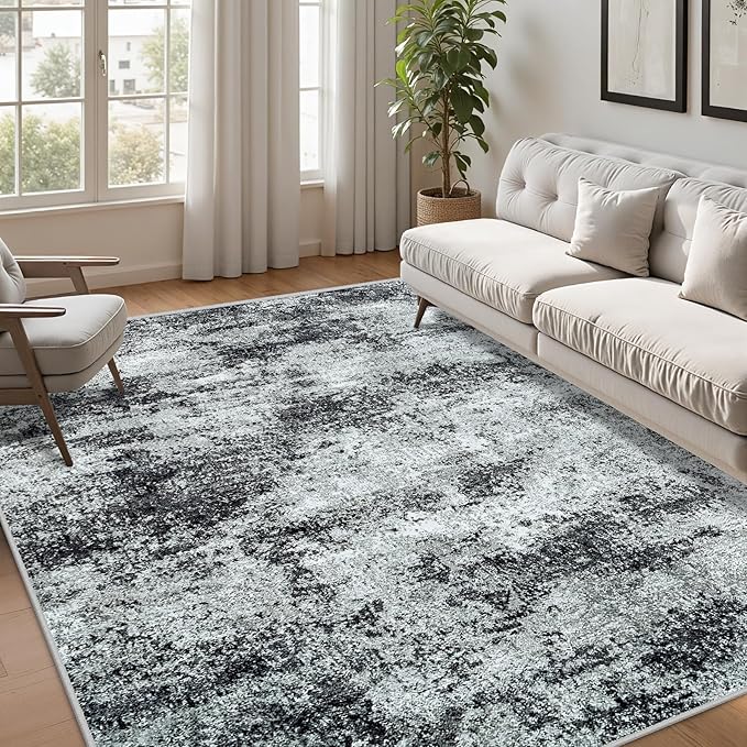 Area Rug Living Room Rugs: 5x7 Abstract Washable Rugs Ultra Soft Carpets with Non-Slip Backing Stain Resistant Carpet for Dining Room Table Bedroom Nursery Indoor Home Office Dark Black/Gray