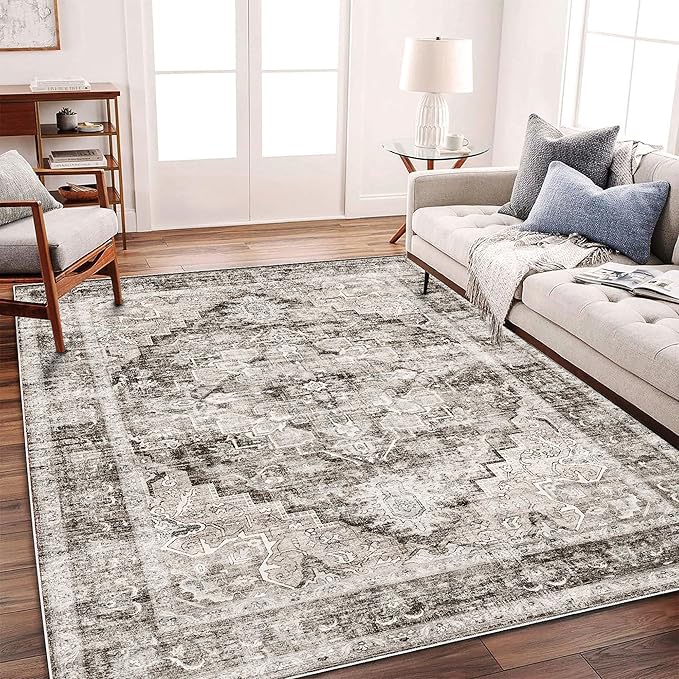 Area Rug 6'x9' Deep Khaki Washable Vintage Traditional Floor Cover Thin Retro Kitchen Indoor Distressed Non Slip Carpet for Living Room Bedroom Dining Room