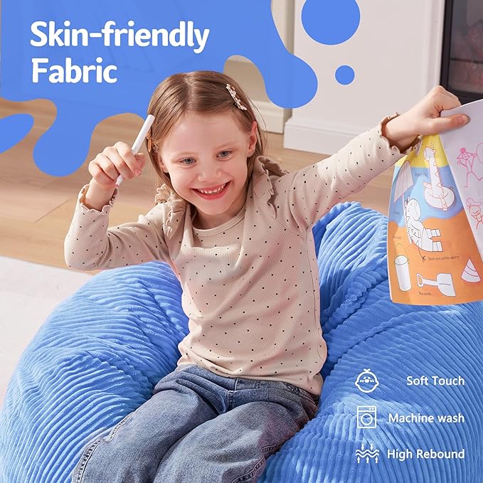 Homguava 2FT Bean Bag Chair,Teardrop Bean Bags Small Beanbag Chair with Memory Foam Filled and Ultra Soft Corduroy Cover for Living Room, Bedroom (Small,Blue)