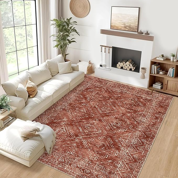 COZYLOOM 10x13 Area Rug Modern Indoor Area Rug Machine-Washable for Living Room or Bedroom Softness Foldable Mat for Easy Storage Geometric Design Non Slip Rug Stain Resistant Carpet, Brick Red