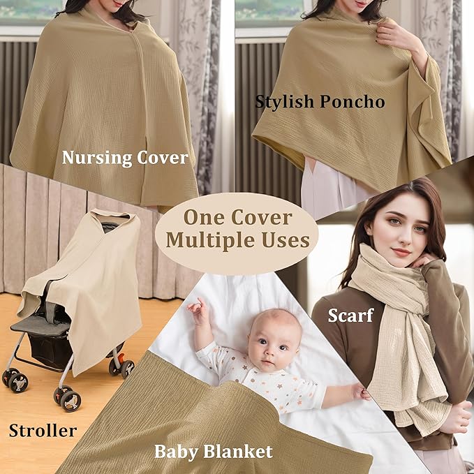 2-Pack Nursing Covers for Breastfeeding, 100% Organic Cotton Muslin Breastfeeding Cover, Multi-Use Nursing Scarf, Car Seat Canopy, Stroller Cover, Soft Breathable Baby Blanket Khaki Brown
