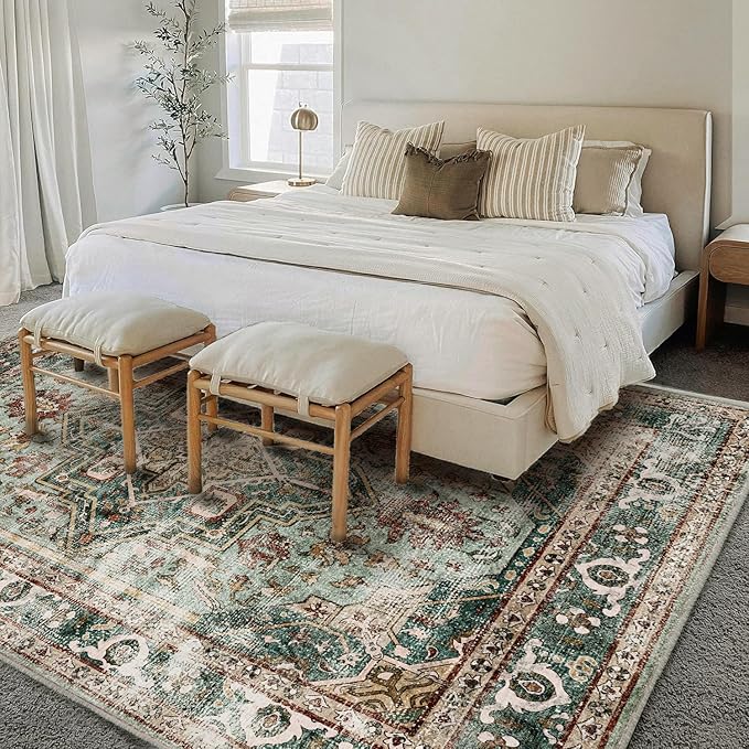 Green Area Rug 9'x12' Washable Vintage Traditional Mat Distressed Indoor Foldable Thin Retro Accent Floral Print Rug Non Slip Carpet for Living Room Dining Room Office