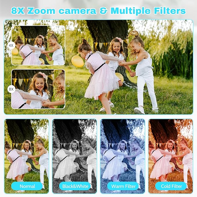 Digital Camera FHD 1080P Video & 8X Digital Zoom - Compact Point and Shoot Digital Camera with 2.4" Screen, 800mAh Rechargeable Battery - Portable Small Camera for Kids Teens Girls Boys (Teal)