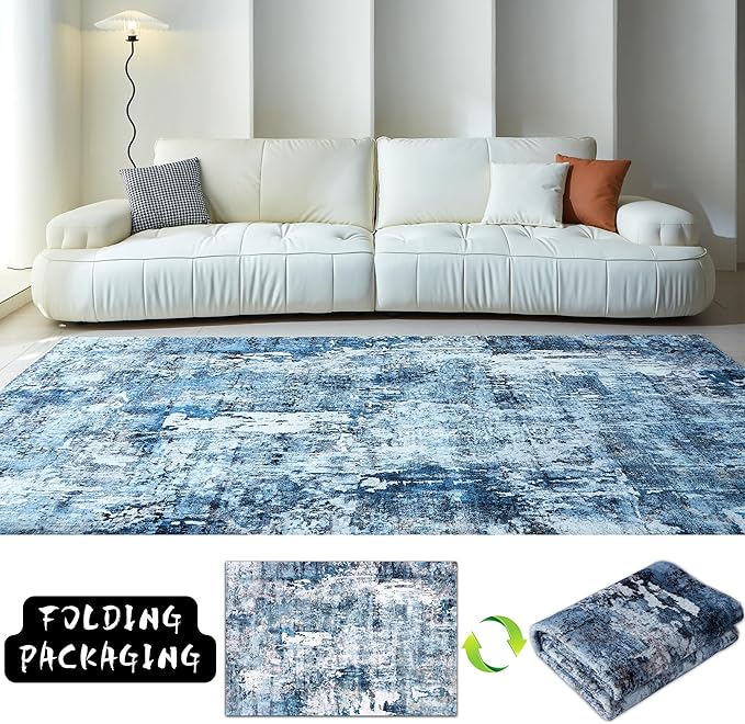 Area Rug 5x7 Washable Rug Boho Soft Abstract Pattern Non-Slip Non-Shedding Faux Wool Vintage for Living Room, Bedroom, Farmhouse, Dining Room, Indoor, Kids Playroom, Blue
