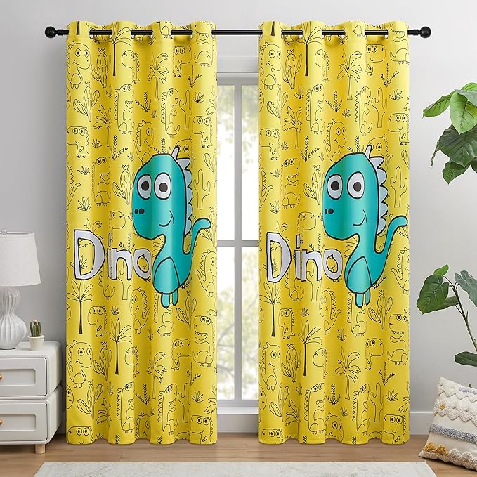 Dinosaur Blackout Curtains for Kids Room - 2 Panels, Each W52×L84, 100% Blackout, Thermal Insulated, Noise Reducing, Perfect for Kids Room and Nersury
