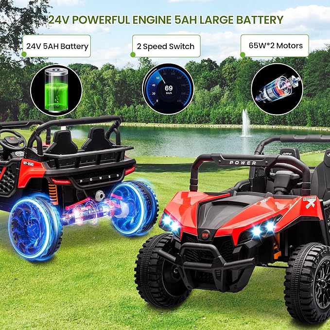 24V 2 Seater Ride On Car Truck, Power Wheels Kids UTV w/Parent Remote Control, 3.1 MPH Max Speed, Music Player, LED Lights & Storage, Electric Vehicle Ride On Toy for Kids Toddler Ages 3-8, Red