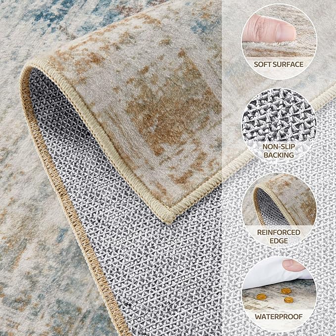 Area Rug for Living Room: 4x6 Washable Neutral Abstract Modern Soft Rugs Non Slip Indoor Floor Stain Resistant Carpet for Bedroom Dining Room Office Nursery - Blue Brown