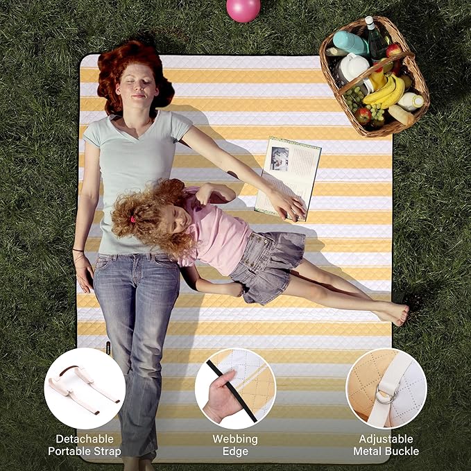 HX&OD Extra Large Picnic Outdoor Blanket, 80”x60” Waterproof Picnic Mat Foldable Camping Blanket Portable with Carry Strap for Beach Mat Outdoor Camping Party(Yellow)