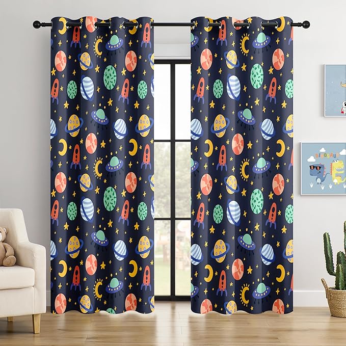 Kids Space Rockets Blackout Curtains - 100% Blackout, Thermal Insulated, Noise Reducing, Perfect for Kids Room and Nursery, 2 Panels (Color Pop Rockets, W52×L84)