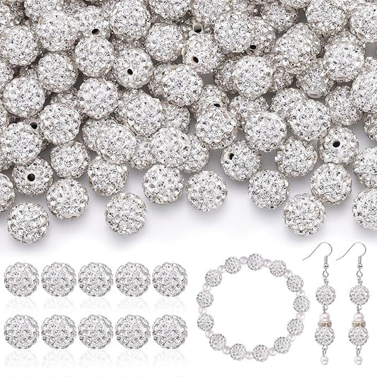 160pcs 10mm Rhinestone Beads for Jewelry Making, White Shiny Round Disco Ball Beads Bulk, Sparkle Crystal Clay Christmas for Bracelet Baseball Necklace Earring Crafting and DIY