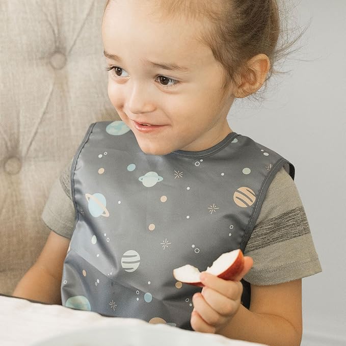 Tiny Twinkle Mess Proof Baby Bib - Waterproof & Lightweight Baby-Led Weaning Apron | 100% Recycled Polyester, Easy Clean & Machine Washable (Space, Small 6-24 Months)