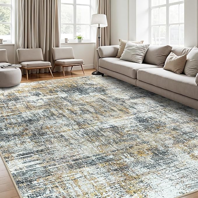 Area Rug 9x12 Washable Rugs: Abstract Large Living Room Rugs with Non-Slip Backing, Stain Resistant Indoor Floor Carpet for Bedroom Dining Room Table Nursery Hallway Home Office Brown/Gray