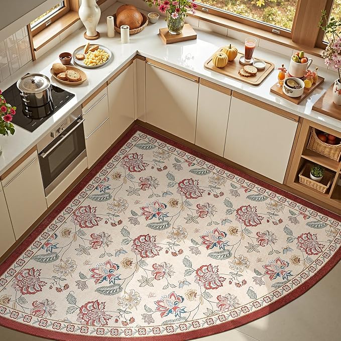 jinchan Floral Corner Rug for Kitchen Washable Nursery Rug Vintage Romance Design Non Slip Quarter Circle Lightweight Low-Pile Throw Carpet for Playroom Reading Nook Office, 5ft Radius, Red/Beige