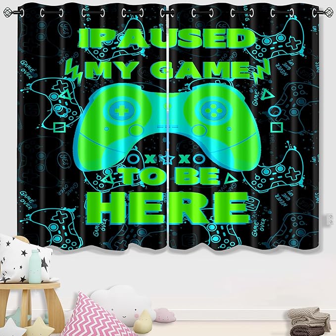 Gaming Curtain for Boys - 2Pcs Gamer Curtain Panels for Boys Bedroom Blackout Drapes Modern Games Patterns Windows Curtains Green Game Room Decor Grommet Top Thermal Insulated Curtains, 82" x 63"