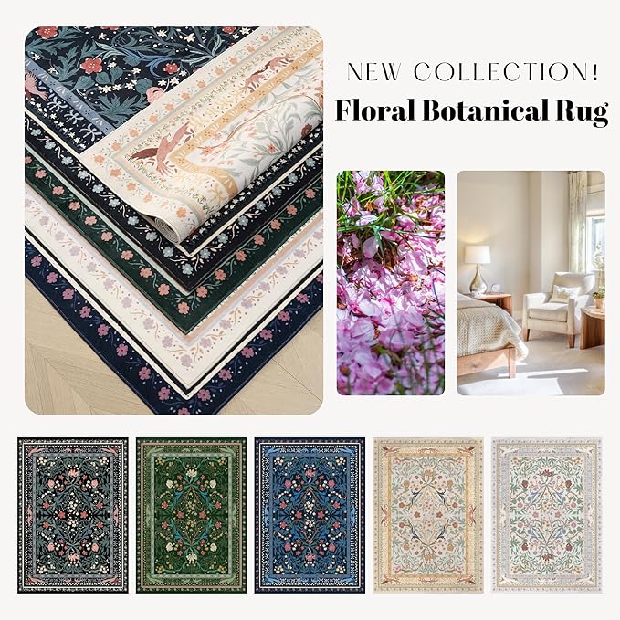 Area Rugs 8x10 for Living Room Clearance Washable Vintage Floral Botanical Rug Non Slip Low Pile Large Rug for Bedroom, Farmhouse, Dining Room, Kids Playroom, Black
