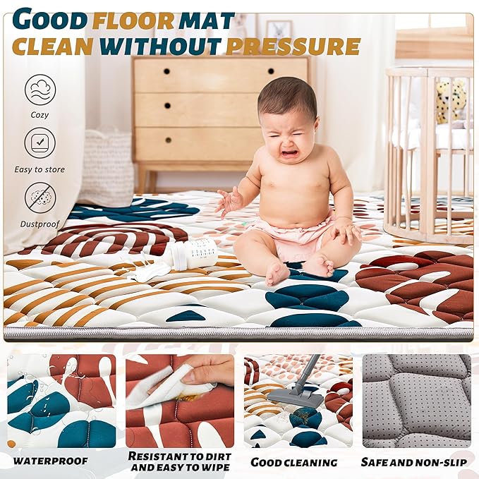 Baby Play Mats for Floor, 59x59 Playpen Mat for Babies, Extra Thicker & Soft Floor Crawling Mat, Foldable Non-Slip Playmat Cushioned for Infants Toddlers, Boho Leaf Design