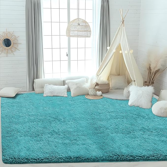 4x6 Area Rug for Living Room: Fluffy Shag Soft Washable Rugs Fuzzy Plush Indoor Carpet for Bedroom Nursery Playroom Dorm Kids Girls Boys Room (Teal Blue, 4'x6')