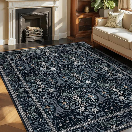 Joydeco Floral Living Room Rugs, Washable Large Bedroom Rug 8x10 Under Bed Non Slip, Soft Forest Botanical Low-Pile Floor Indoor Throw Carpet for Dining Table Home Office, Blue-Black