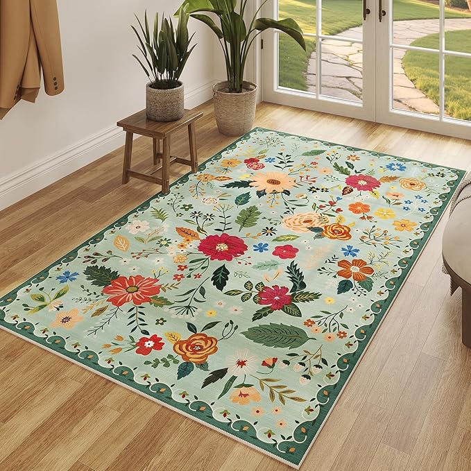 3x5 Area Rug, Floral Green Washable Rug for Entryway, Non Slip Flower Area Rugs, Soft Low Pile Indoor Doormat Small Carpet, Rugs for Living Room Bedroom Nursery Kitchen Dining Room, Sage Green