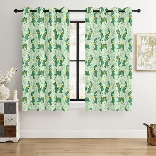 Kids Space Dino Blackout Curtains - 100% Blackout, Thermal Insulated, Noise Reducing, Perfect for Kids Room and Nursery, 2 Panels (Cosmo Dino Green, W52×L63)