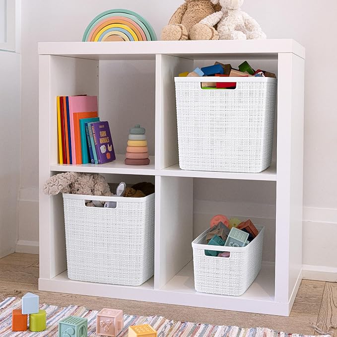 Curver Jute Decorative Plastic Organization and Storage Basket Perfect Bins for Home Office, Closet Shelves, Kitchen Pantry and All Bedroom Essentials, Slim, White, Set of 8