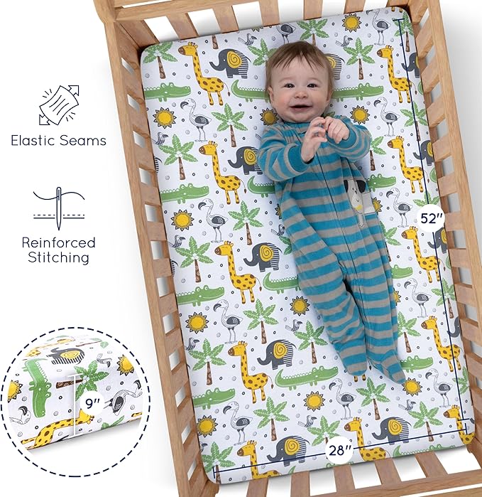 Fitted Nautical Crib Sheets (3 Pack) by GROW WILD - Jersey Knit Cotton Crib Sheet for Boys, Toddler Bed Mattress & Baby Boy Crib Bedding Set, 52” x 28” x 9” Crib Sheets (Safari Animals)
