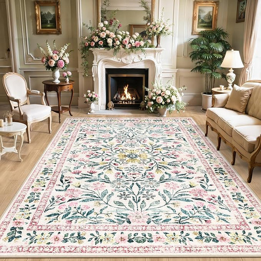 Area Rugs 9x12 Living Room: Floral Washable Rug Vintage Large Soft Boho Non-Slip Carpet Indoor Stain Resistant Low Pile Carpets for Bedroom Dining Room Farmhouse Nursery Hallway Home Office Pink Green