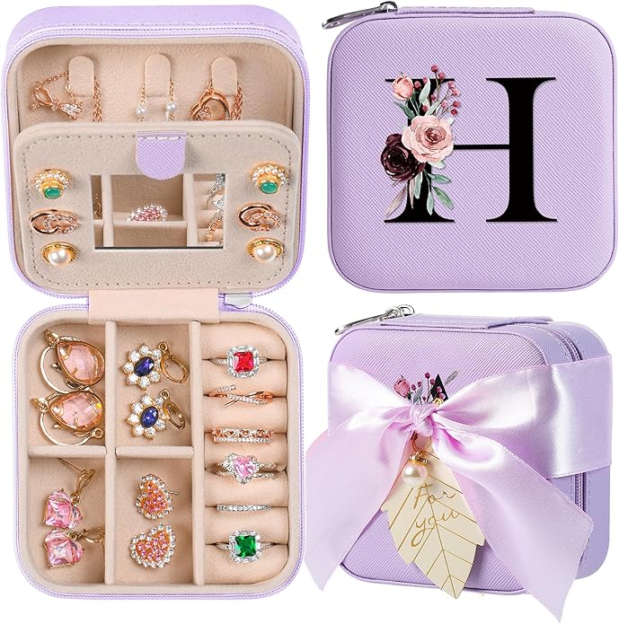 AYGXU Travel Jewelry Box for Women and Girls - Small Case With Initial A-Z - Teacher Gifts