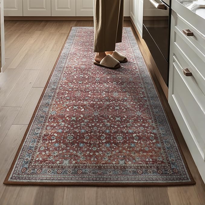 2x6 Washable Kitchen Runner Rug for Hallways, Non Slip Laundry Runners for Bathroom, Low Pile Rubber Backed Rugs for Entryway, Vintage Floral Carpet for Living Room Bedroom Brick Red