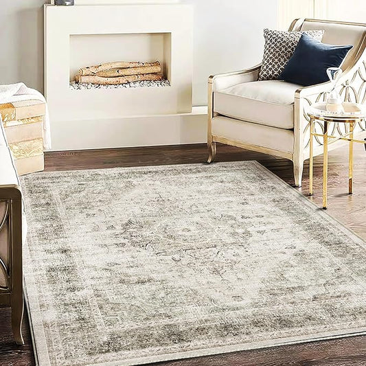 Area Rug 5'x7' Washable Rug Floral Khaki Traditional Floor Cover Thin Retro Kitchen Indoor Distressed Non Slip Carpet for Living Room Bedroom Dining Room