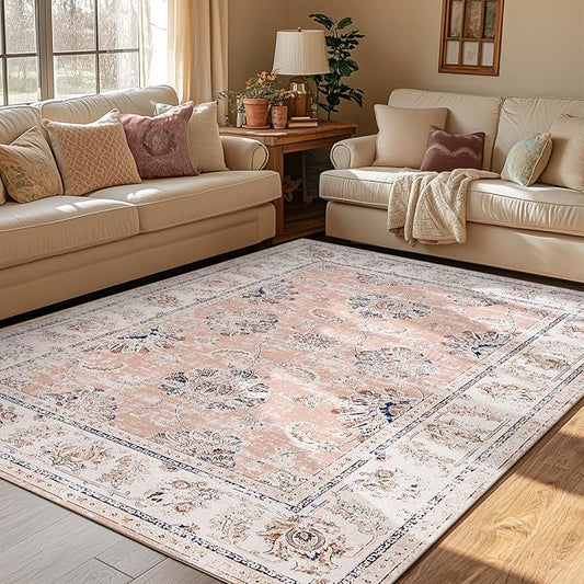 jinchan Vintage Floral 5x7 Area Rugs for Bedroom - Machine Washable Distressed Design Stain Resistant Boho Carpet Ultra-Thin Low Pile Non-Slip for Living Room Dining Room Kitchen (5‘x7',Pink)
