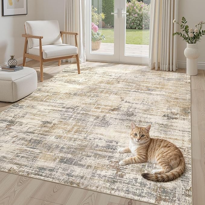 Area Rug for Living Room: 4x6 Washable Neutral Abstract Modern Soft Rugs Non Slip Indoor Floor Stain Resistant Carpet for Bedroom Dining Room Office Nursery - Golden Brown