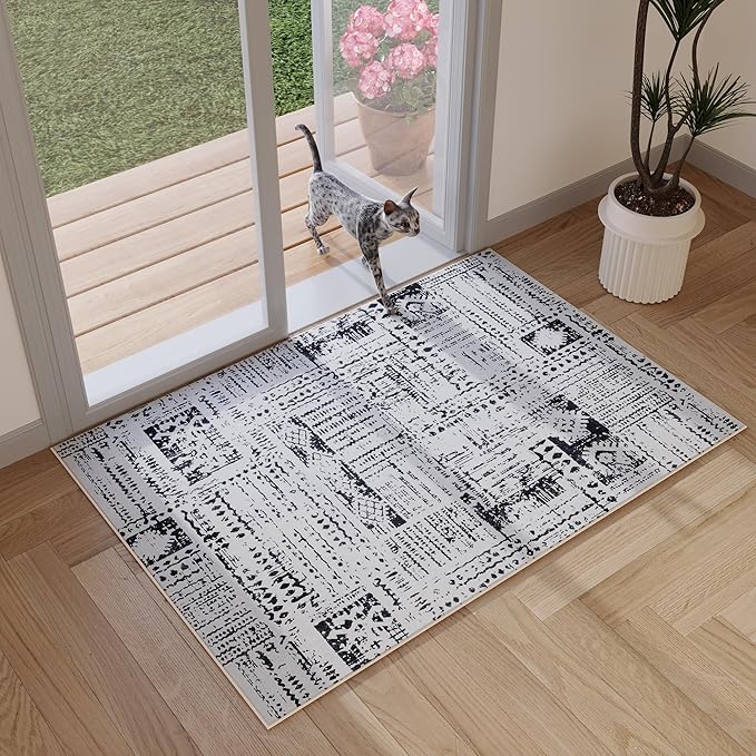 Door Mat Indoor Entrance 2x3 Rug Machine Washable Boho Moroccan Small Area Rug Non-Slip Low Pile Throw Rugs for Entryway, Kitchen, Front Door Indoor Entrance,Kids Room (Black and White)