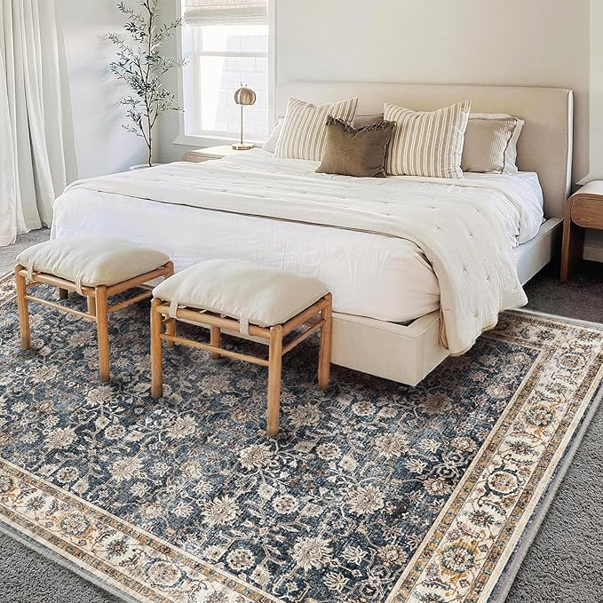 Area Rug 6'x9' Washable Vintage Traditional Floor Cover Thin Retro Kitchen Indoor Distressed Non Slip Carpet for Living Room Bedroom Dining Room