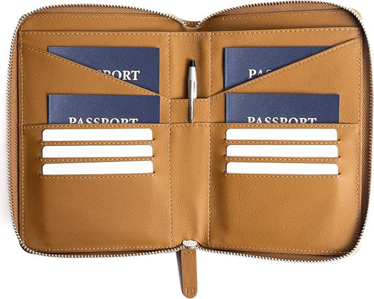 Full Grain Leather Family Passport Holder for 2-4 Passports - RFID Passport Holder and Travel Document Organizer - Large Leather Travel Wallet for Couples and Families - Camel