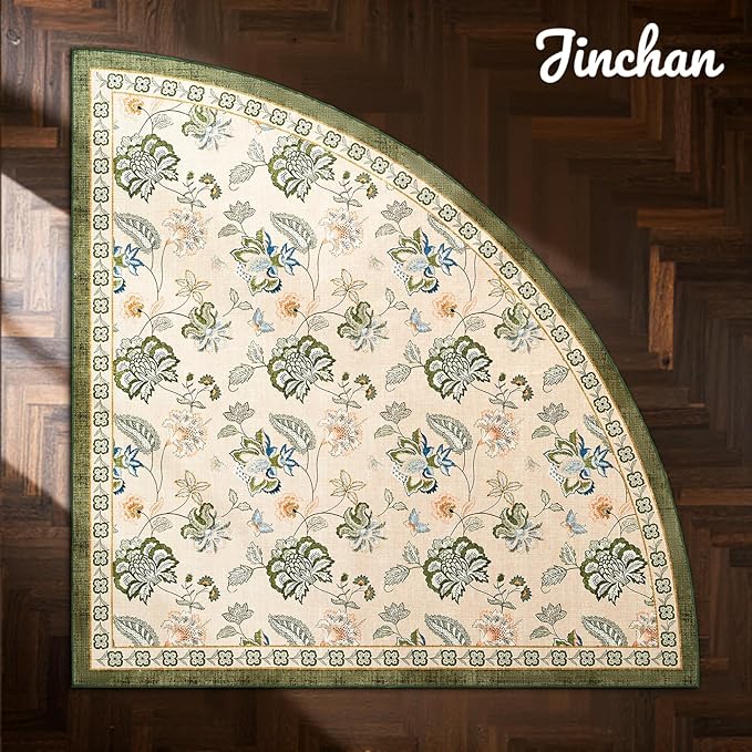 jinchan Floral Corner Rug for Living Room Washable Bedroom Rug Vintage Romance Design Non Slip Quarter Circle Lightweight Low-Pile Throw Carpet for Reading Nook Playroom,6ft Radius, Green/Beige
