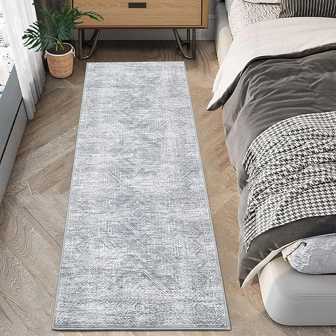 COZYLOOM 2x8 Runner Rug for Living Room, Kitchen Modern Washable Distressed Accent Carpet with Non-Slip Backing, Ultra-Soft Contemporary Geometric Floor Mat, Bedroom, Grey