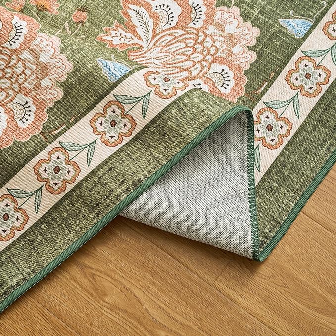 jinchan 4ft Floral Round Rug for Entryway Washable Kitchen Rug Vintage Romance Design Non Slip Indoor Doormat Lightweight Low-Profile Throw Carpet for Living Room Dining Room Bedroom, Green