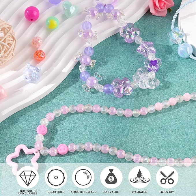 Assorted 260-320PCS Acrylic Beads for Bracelet Making, Flower Bow Butterfly Candy GummyBear Kawaii Aesthetic Beads,Cute Bead for Jewelry Making DIY Necklace Keychain Phone Charms(6 Colors)