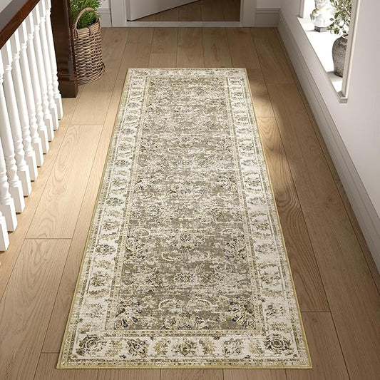 jinchan Runner Rug 2x6 Washable Hallway Runner - Vintage Floral Non Slip Low-Pile Soft Thin Kitchen Rug Distressed Carpet for Farmhouse Bedroom Entryway Laundry Room(2x6ft,Taupe)