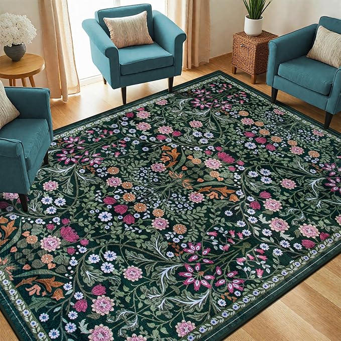 6x9 Area Rugs for Living Room: Floral Washable Rug Vintage Large Soft Boho Non-Slip Carpet Indoor Stain Resistant Thin Carpets for Bedroom Dining Room Farmhouse Nursery Hallway Home Office Dark Green