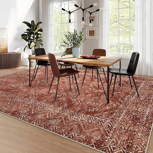 COZYLOOM 4x6 Area Rug Modern Indoor Area Rug Machine-Washable for Living Room or Bedroom Softness Foldable Carpet for Easy Storage Abstract Geometric Design Non Slip Stain Resistant Carpet, Brick Red