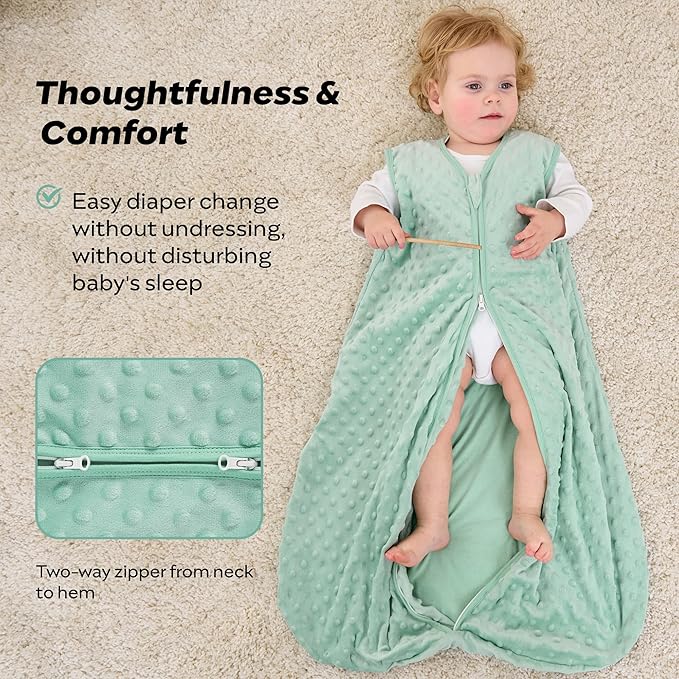 JELLYMONI Fleece Baby Sleep Sack 6-12 Months, 1.5 Tog Warm Winter Baby Wearable Blanket with Plush Dots and 2-Way Zipper, Cotton Toddler Sleep Sack